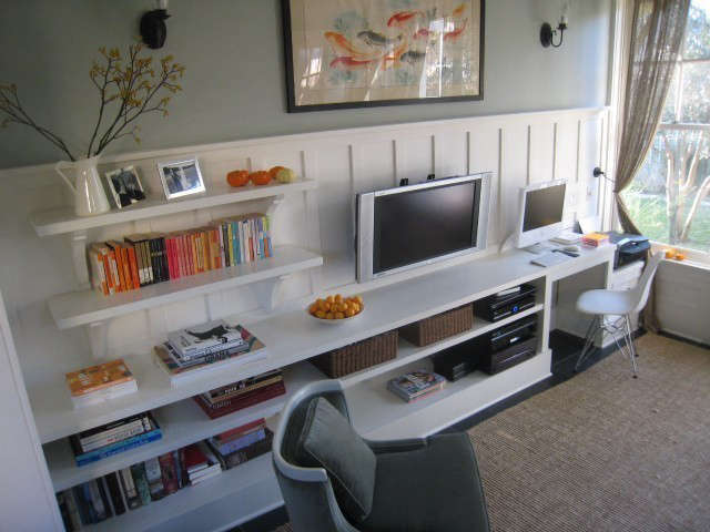  Bungalow Living Room, Venice, California: This tiny Living Room in a Venice Bungalow from \19\2\2 needed to be many things. I designed this cabinetry wall to provide storage, visual interest, accommodate a television, and function as a home office. I wanted to keep the room as open and airy as possible, and without doors the full width of the room is experienced. The velvet chair in the foreground is vintage&#8\230;refinished and recovered it&#8\2\17;s unrecognizable from its tattered past. Photo: Laura Clayton Baker