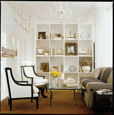  White Loft Traditional Study: A tall custom book case defines this cozy space for a tete-a-tete.