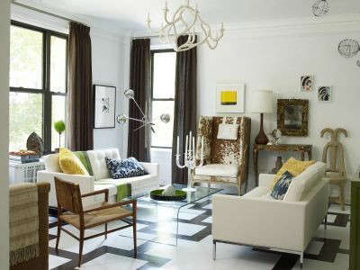  Manhattan Apartment Eclectic Living Room &#8\2\1\1; This living room features an eclectic mix of eclectic styles accented with a boldly graphic floor.