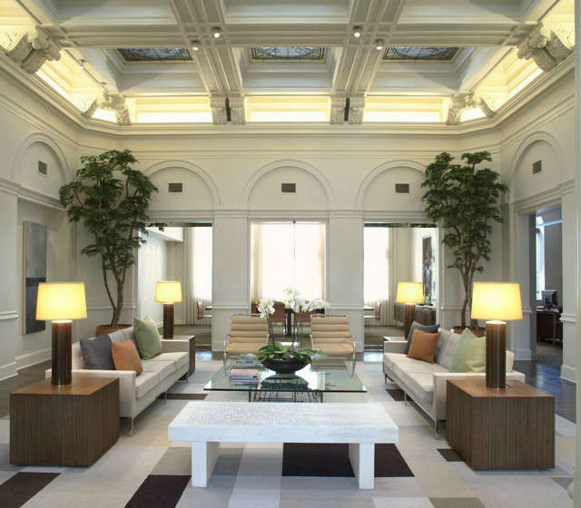  Family Foundation Modern Lobby &#8\2\1\1; The elaborate coffered ceiling with stained glass skylights contrasts with the simplicity and clean lines of the furnishings below in this office lobby