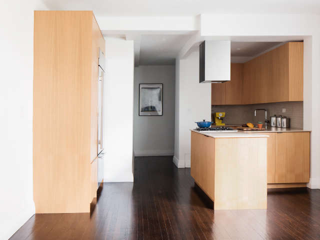  an open kitchen in Murray Hill: A beautifully appointed modern kitchen, open to the apartment, brings much needed light. Photo: Alice Gao