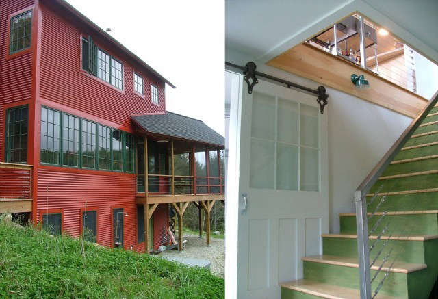  Egan House, Sugar Hill, NH: Located on a steep site and built for clients with a tiny budget and a wonderful sense of adventure. Color and inexpensive materials such as corrugated steel siding, bamboo flooring, sliding barn doors, inexpensive cable railings, and painted stairs, were used inventively throughout. Photo: Click here for more photos