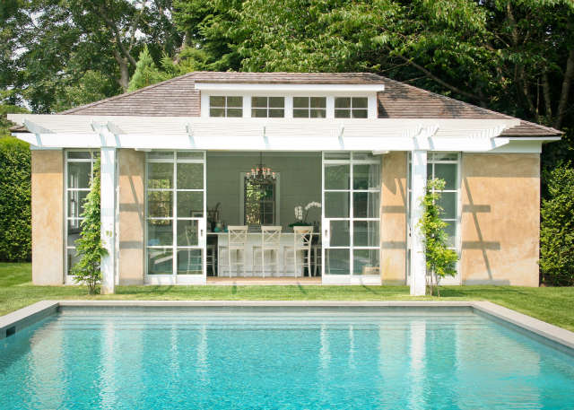  East Hampton, NY &#8\2\1\1; Converted garage transforms to a poolhouse with full bar, living room, bedroom, and bath.