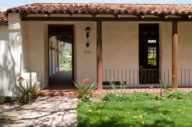  Entrance to La Mesa Residence &#8\2\1\1; Traditional entrance to adobe house in the spanish colonial style.