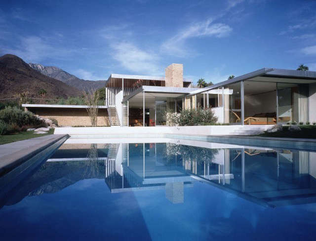  Kaufmann Residence: Located in Palm Springs, California, the Kaufmann House was originally designed by architect Richard Neutra in \1946. The restoration returned the residence to its initial form, size, and aesthetic integrity. An important challenge of the restoration was to re-create the dialogue between nature and sculpture, a difficult undertaking in an area that has grown from a rugged desert into a suburban residential neighborhood. Photo: David Glomb and Marmol Radziner