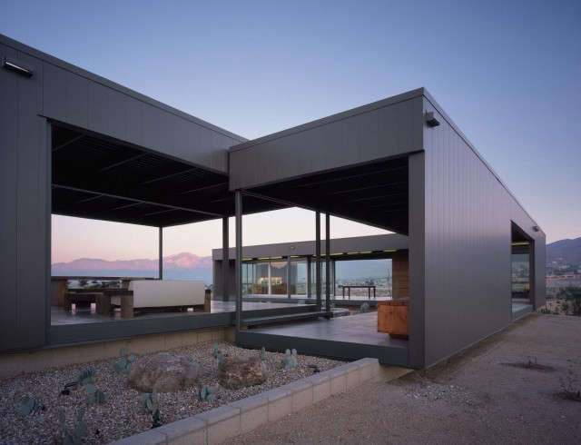  Desert House: Located in Desert Hot Springs, California, the prototype prefab home is located on a five-acre site and oriented to best capture views of San Jacinto peak and the surrounding mountains. Doubling the \2000 square foot interior space, the home extends towards the landscape with covered outdoor living areas. Photo: Joe Fletcher and Marmol Radziner