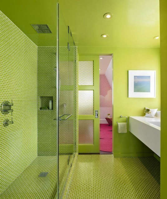  Showcase House &#8\2\1\1; Jack and Jill bathroom design for Met Home magazine&#8\2\17;s Showcase House. Playful green glass tiles transitioned between the girl&#8\2\17;s and boy&#8\2\17;s rooms for a fresh and lively bathroom.
