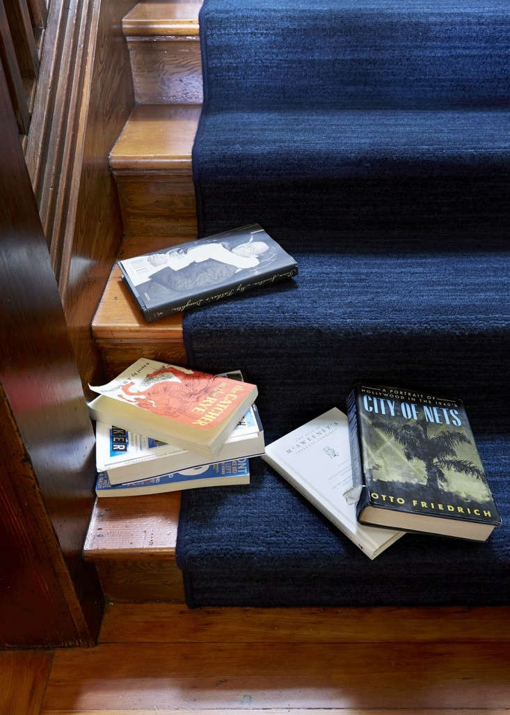 A close-up of a “waterfall” installation with bound edges in the home of Michael Chabon and Ayelet Waldman; for more go to The Mysteries of Berkeley: A Literary Couple at Home.
