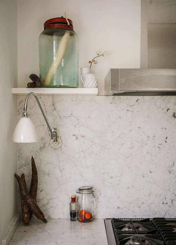 Carrara marble in the kitchen of a London chef. For more, see In the Kitchen with Skye Gyngell, London’s Chef du Jour.