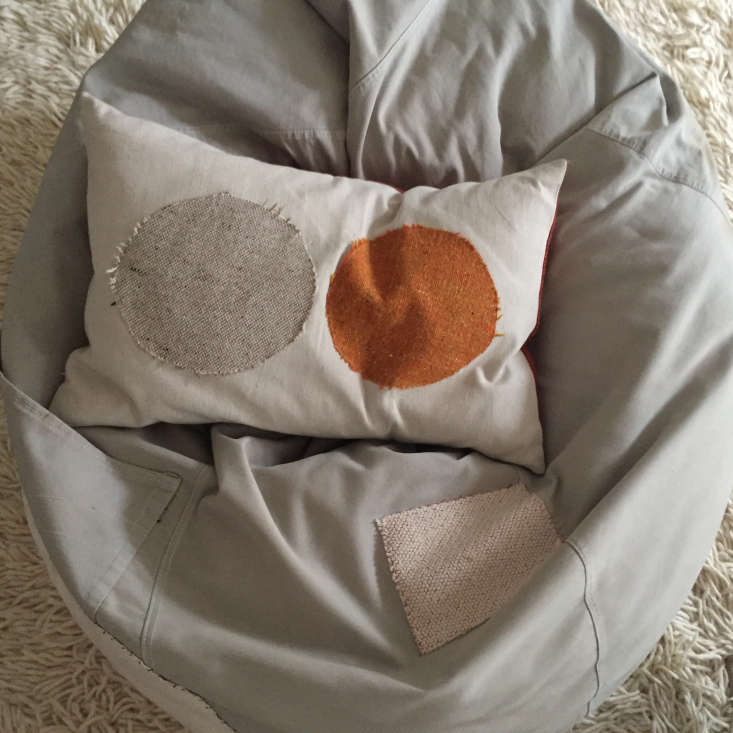 Corinne-Gilbert-design-patched-pillow-and-beanbag-chair. Matthew WIlliams for Remodelista photo.