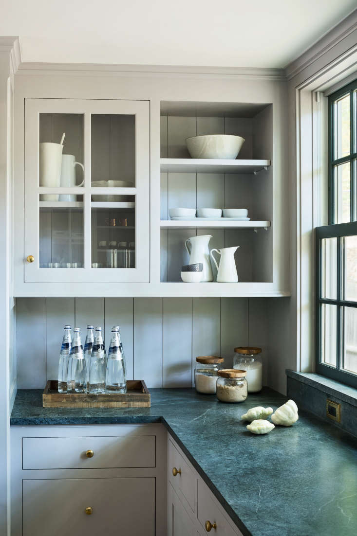 modern farmhouse kitchen renovation light gray cabinets with open shelf glass f 216