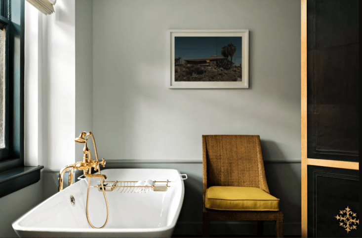 A glamorous guest bath in the NoMad hotel in LA; see more in An Iconic Hotel Debuts on the West Coast, Italian Grandeur Edition.