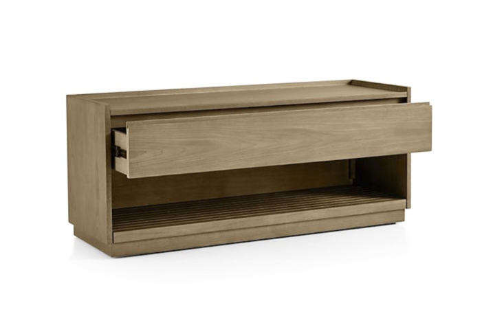 The Batten Storage Bench is made of oak veneer; $599 at Crate & Barrel.