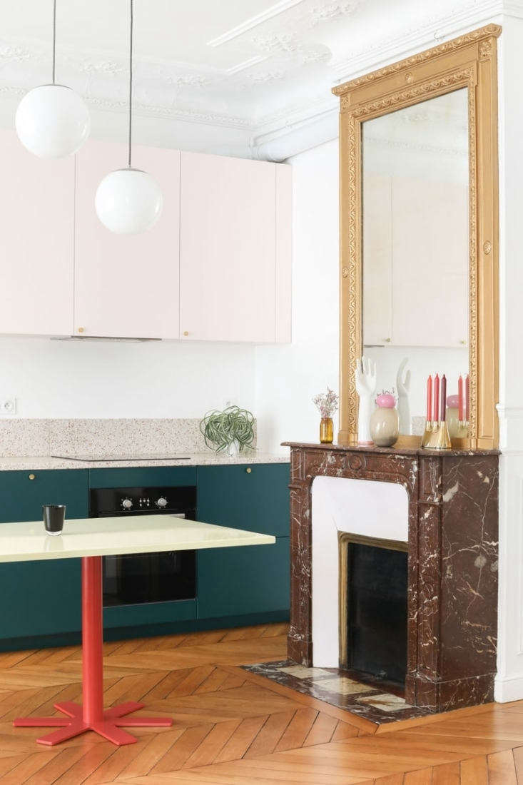 Colorful kitchen remodel, classic Paris apartment modernized by Heju Studio architecture.