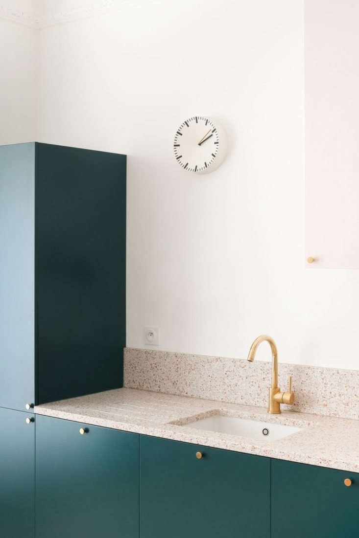 Colorful kitchen remodel, classic Paris apartment modernized by Heju Studio architecture.