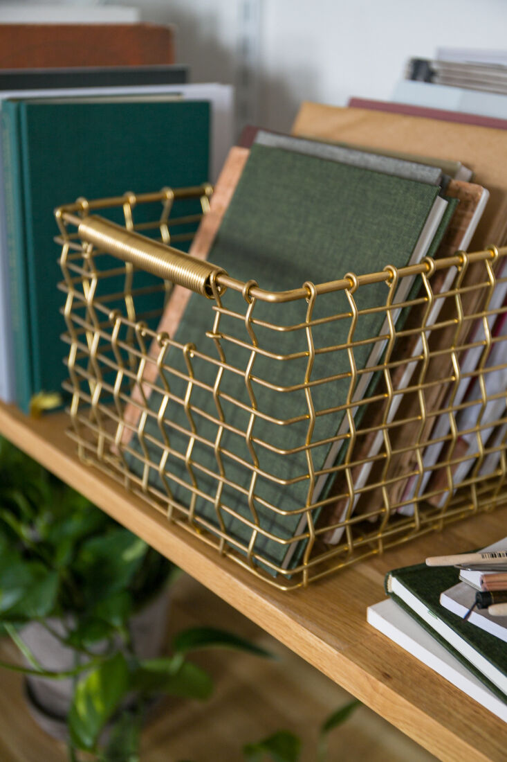 Desk shelves with new Korbo rectangular wire baskets.