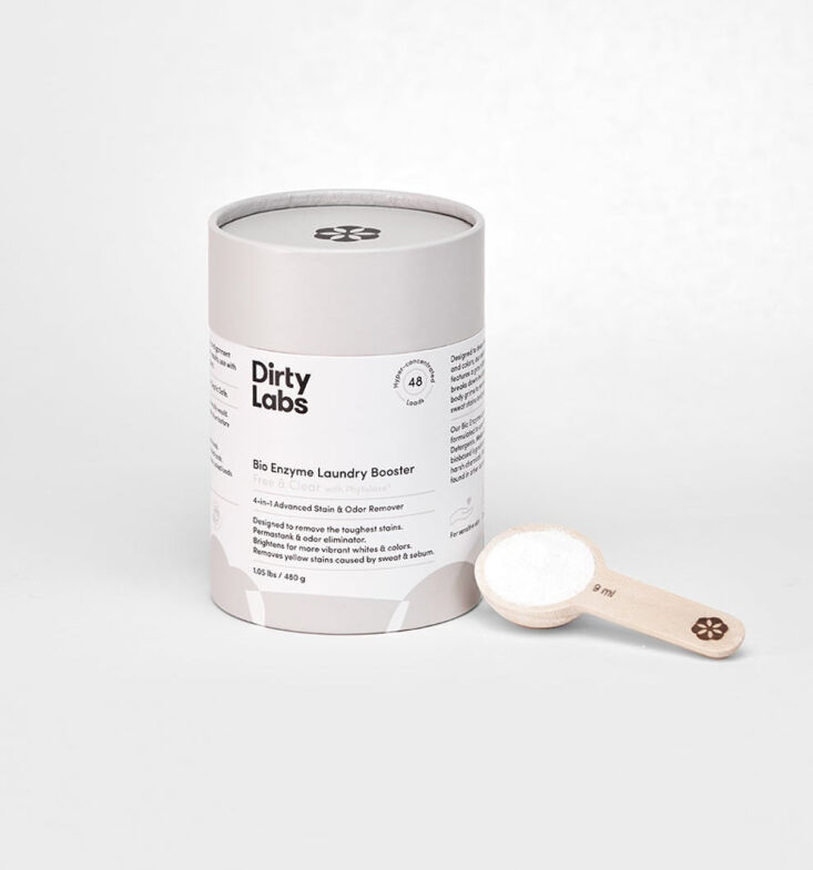 From Dirty Labs, the Bio Laundry Advanced Stain & Odor Remover is packaged in a recycled cardboard container; $13.50.
