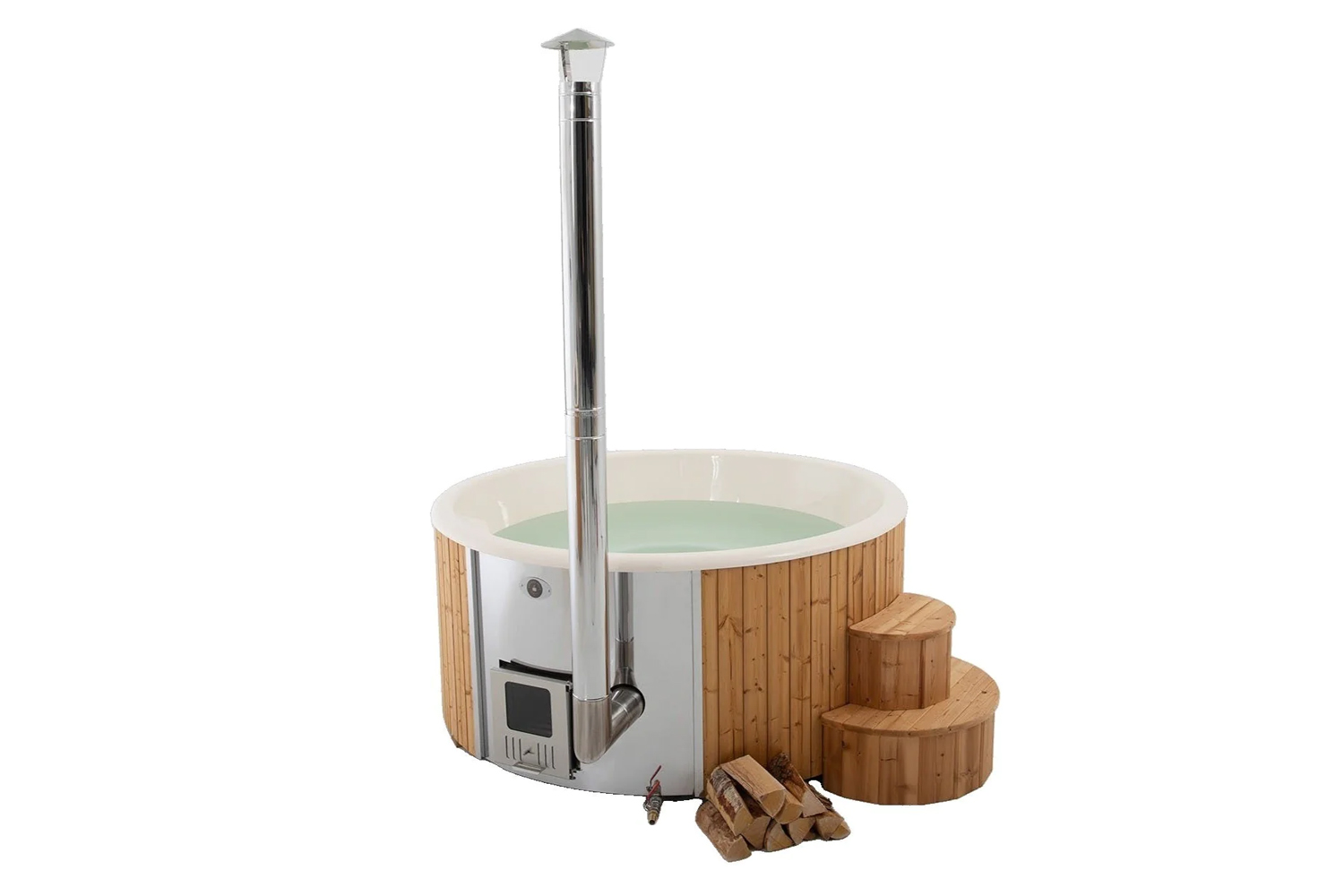 The Deluxe Wood-Fired Hot Tub is lined with a fiberglass tub; \$5,96\1 from Back Country Recreation.