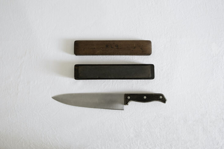Knife sharpener and knife French cutting boards from The Low-Impact Home, Remodelista 75, Justine Hand photo.
