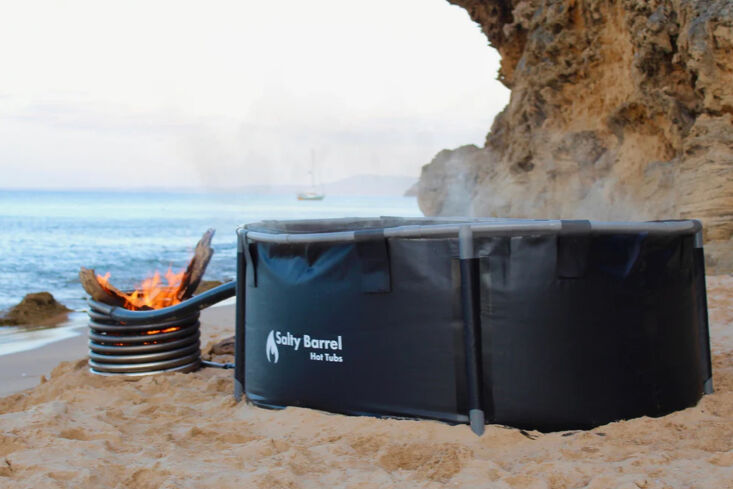 The Salty Barrel Portable Wood-Fired Hot Tub is a moveable option made of heavy duty tarpaulin; \$950 at Salty Barrel Hot Tubs.