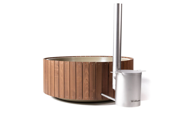 The Weltevree Dutchtub Wood is surrounded by wooden Plato paneling (less ideal: the tub itself is made of polyester); €6,795.