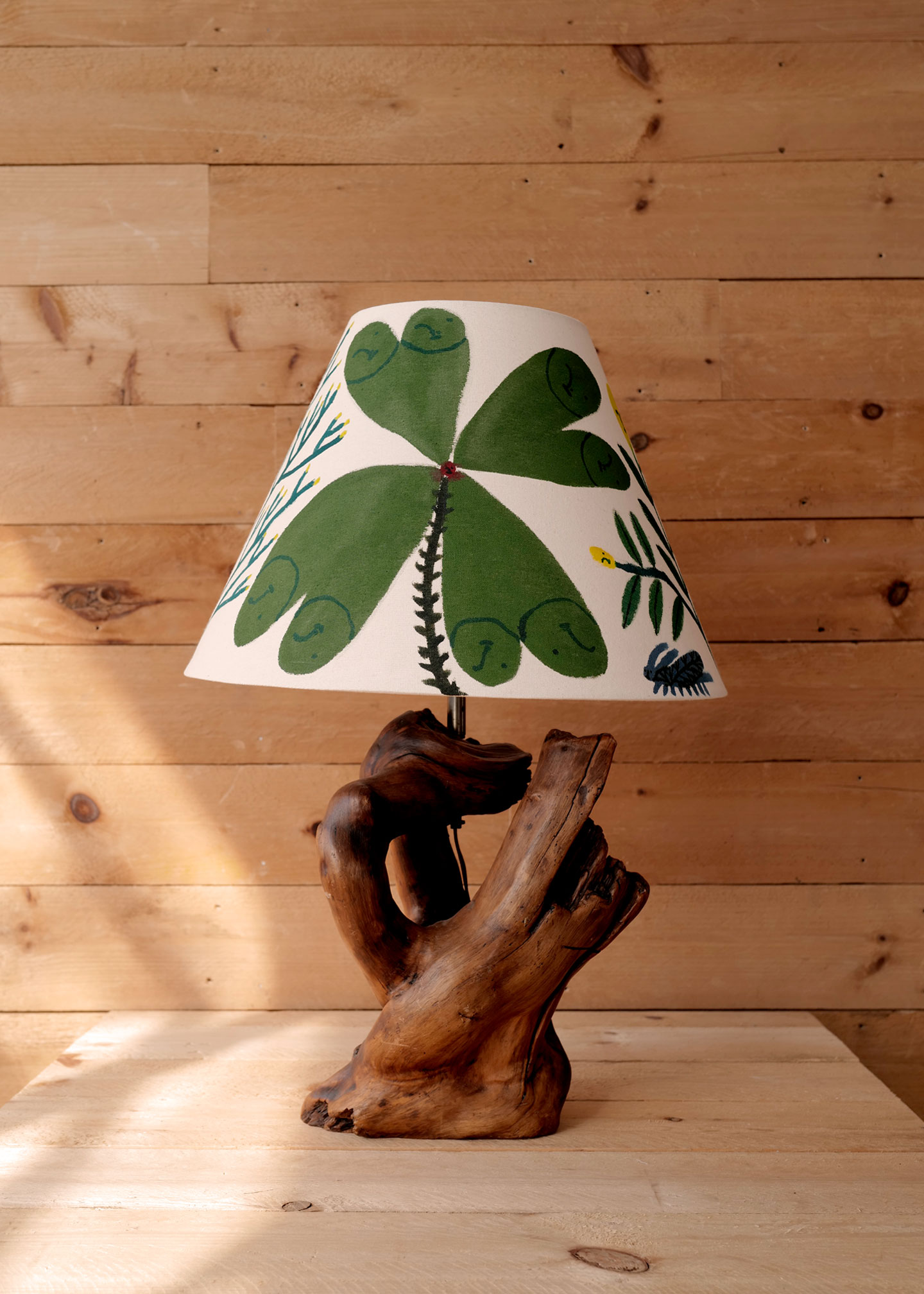 Emma Kohlmann Clover lampshade on vintage tree root lamp from Slow Roads. The Emma Kohlmann collection.