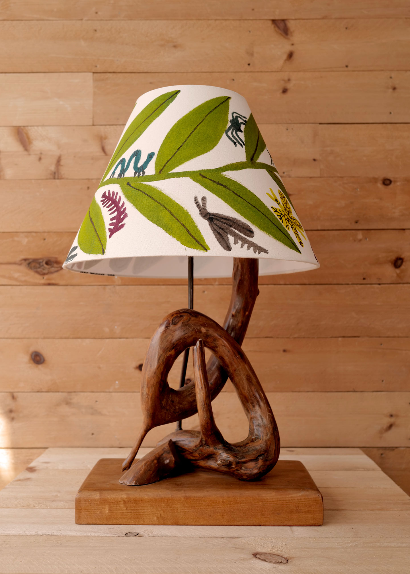 Emma Kohlmann painted lampshade on vintage tree root lamp from Slow Roads. One of a kind.