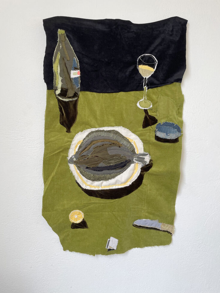 andrew pierce scott stitched tapestry of tabletop with wine and sole made from  2