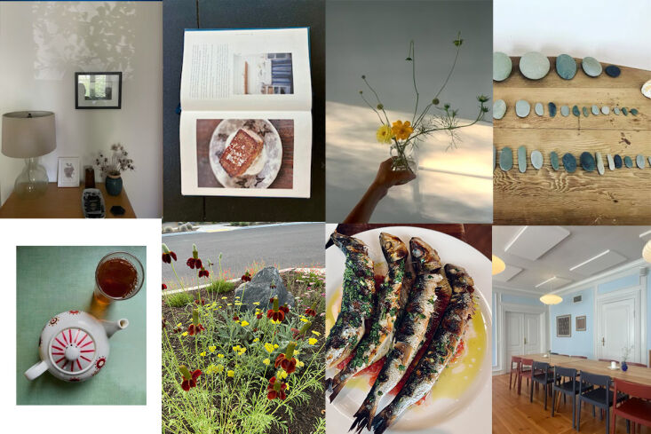 In this monthly dispatch from the R/G editors, you might find peeks at our own places (like Fan&#8\2\17;s, top left), hotel reccs (i.e. Kanalhuset in Copenhagen, complete with communal dinners, bottom right), recipes (ahem, this best zucchini bread recipe, for all that end-of-summer produce), and what we&#8\2\17;ve been reading, listening to, cooking, eyeing, and otherwise loving lately. (E.g., from Julie: &#8\2\20;I am eternally rearranging my summertime display of sea-weathered rocks, seashells, and sun-bleached lobster claws, inspired by the brilliant Jim Ede,&#8\2\2\1; see top right). And, of course, good things from our camera rolls.