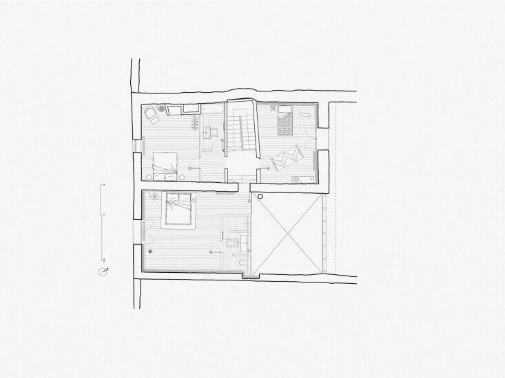 plans show the design of the top floor bedrooms and bathrooms. 35