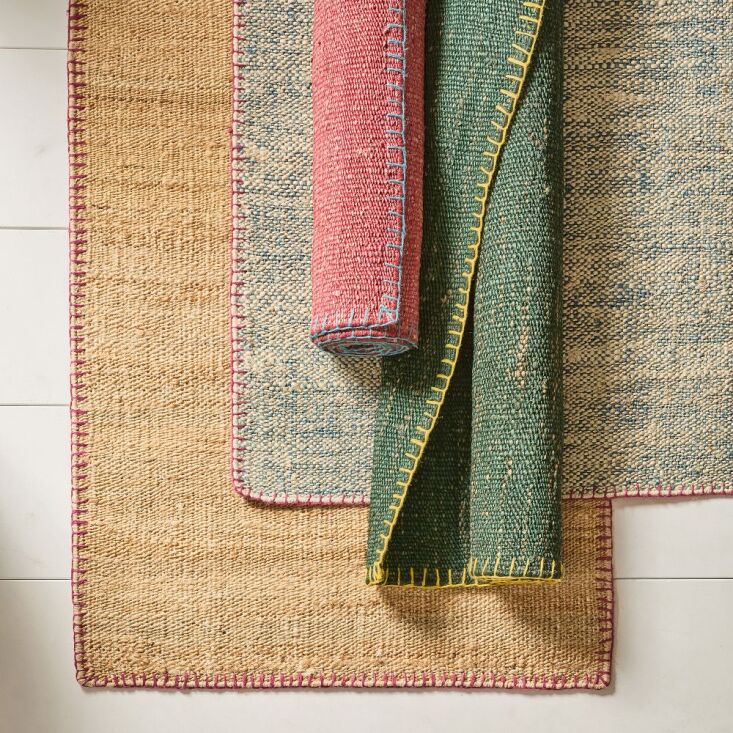 handwoven in india of hand spun jute, elara jute whipstitch rugs have a dyed wa 24