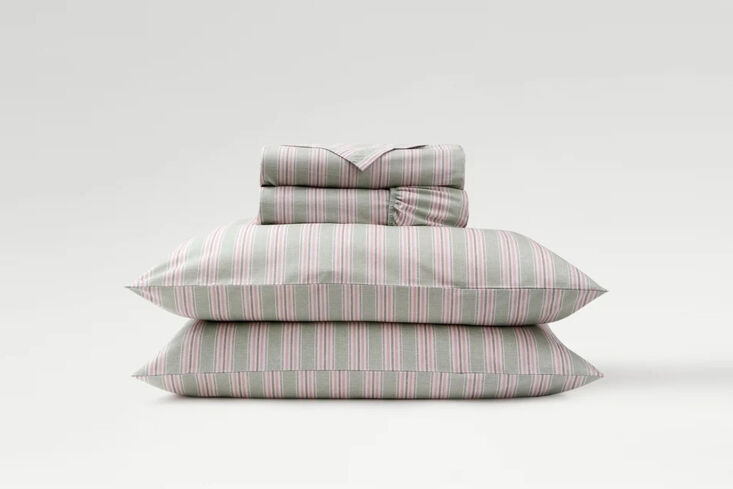 the christy calder stripe bundle sheet set comes in pink (shown) or blue; price 20