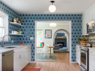blue tiled kitchen  