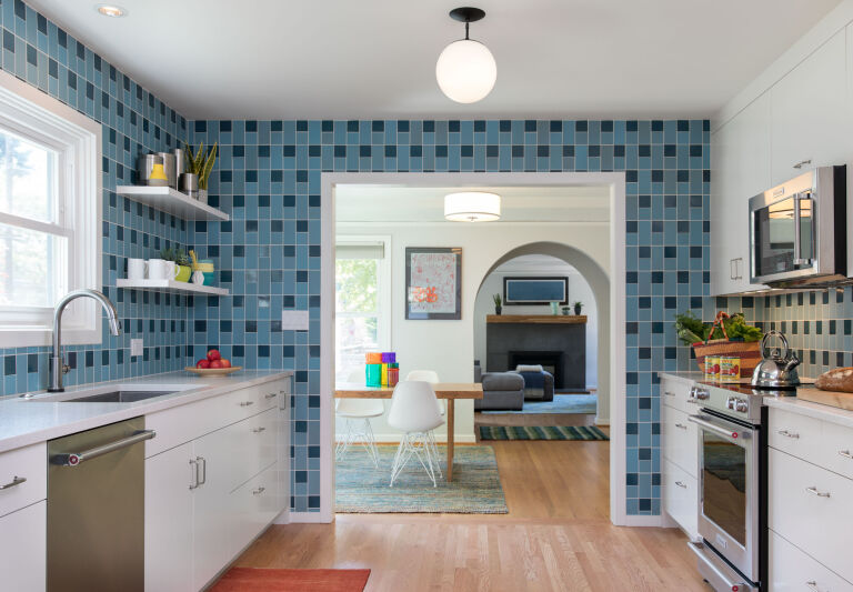 blue tiled kitchen  