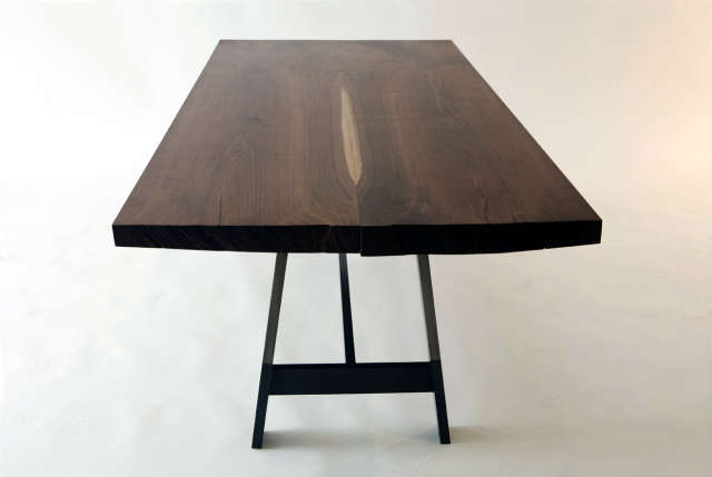cambridge trestle: custom dining table of black walnut slab and darkened steel  24