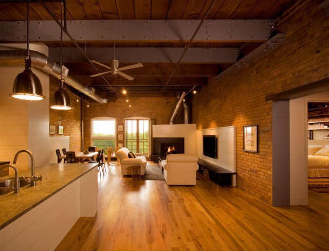 historic modern loft: overall view of main floor living spaces in historic mode 16