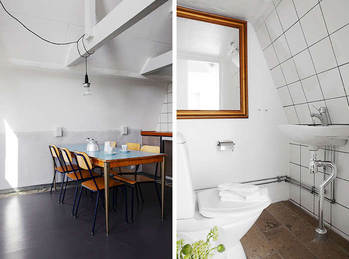 above l: a dining area in one of the rooms. above r: a white tiled bathroom. 19