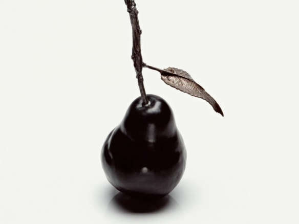creel and gow : black ceramic pear with painted pewter twig and leaf 8