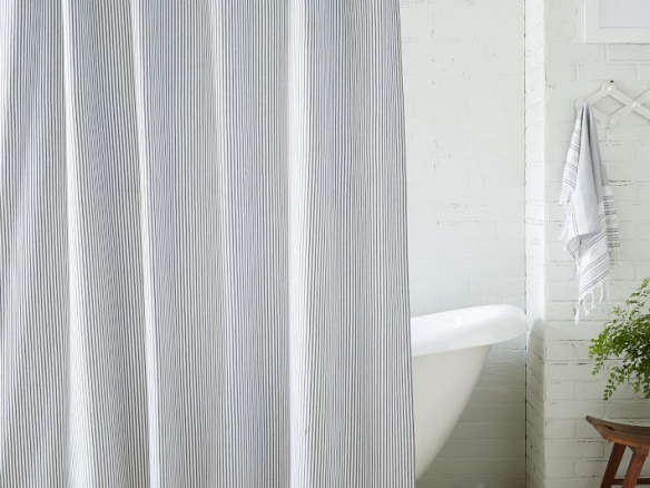 Ticking Stripe Shower Curtain, Green Ticking Shower Curtain
