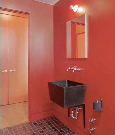 envelopead bath red walls industrial  