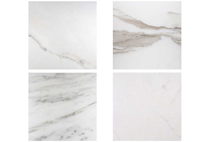 a selection of white marble slabs (clockwise from top left: bianco oro, calacat 16