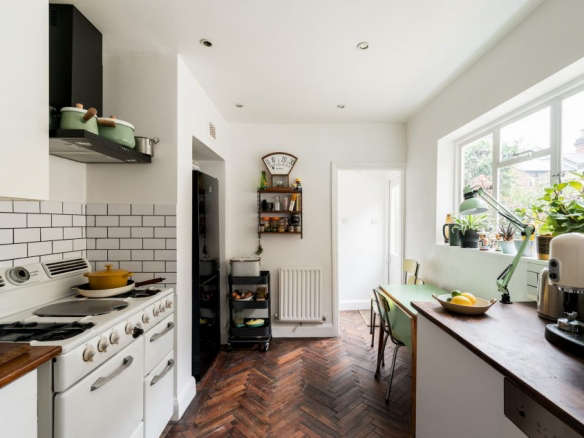 white green kitchen london apartment jack hemingway parquet floors  