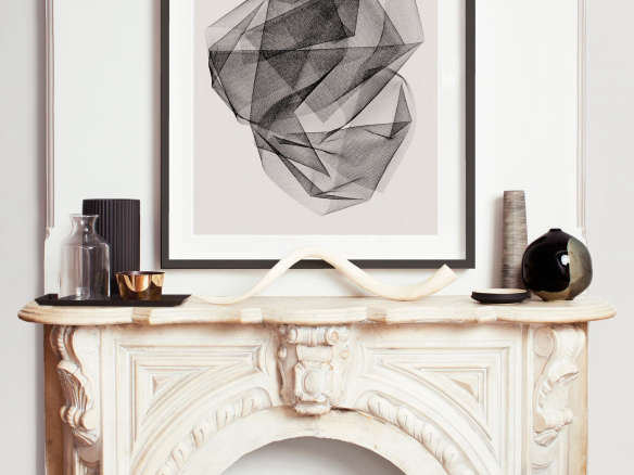 black net abstract print over white mantel permanent press  