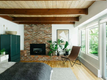 midcentury inspired bedroom portland oregon wood ceiling 1  