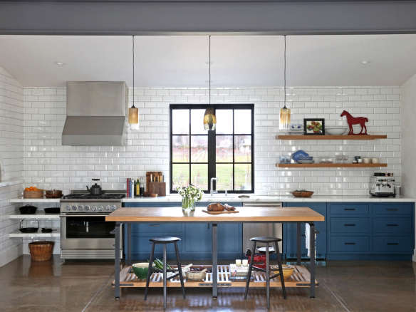 sonoma modern farmhouse kitchen white tile backsplash blue cabinets kitchen island  _43
