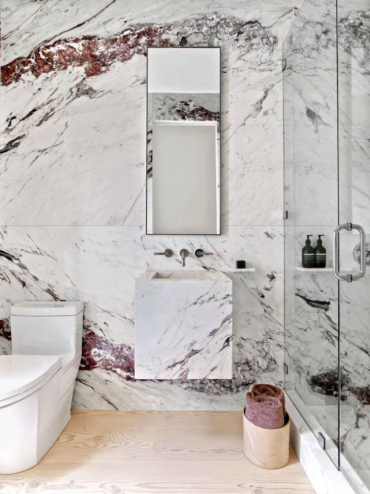 deep burgundy veining in a dramatic marble powder room by ccs architecture, the 19