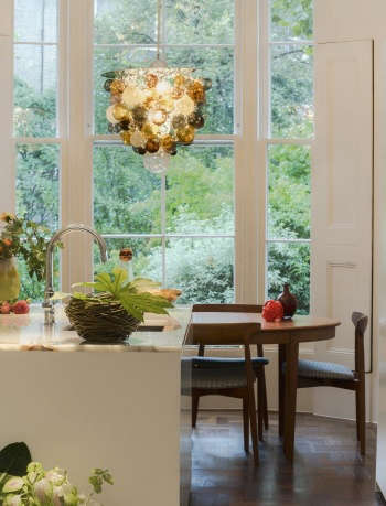 colourful glass baubles pendant, bay window overlooking garden, white kitchen i 11
