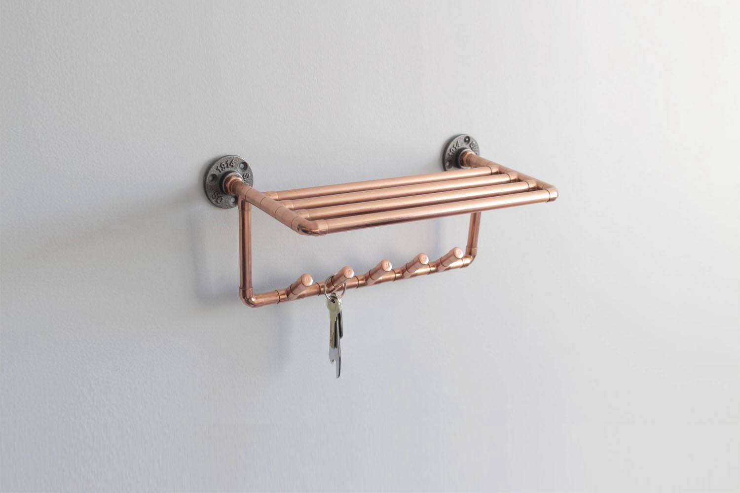 Copper Key Rack/Coat Hooks With Shelf