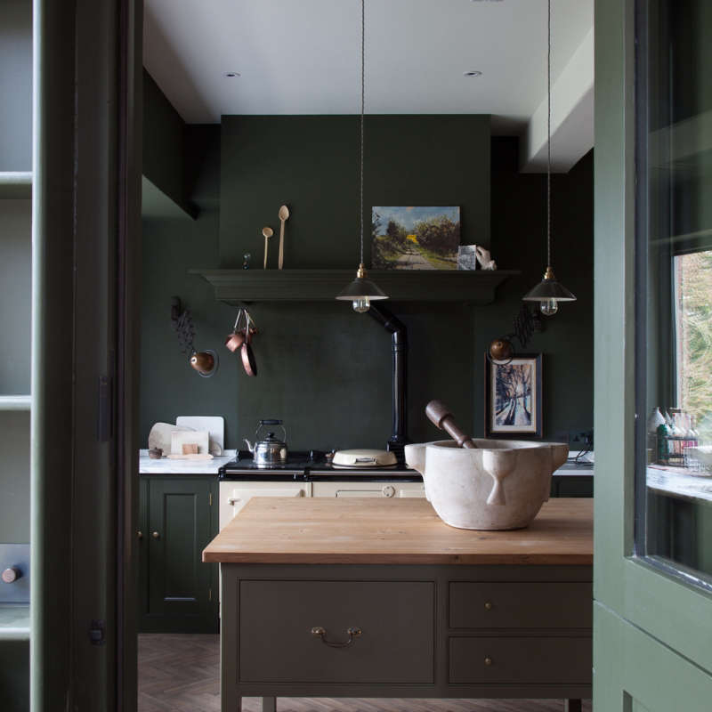 plain english home house shropshire green kitchen view through doorway  