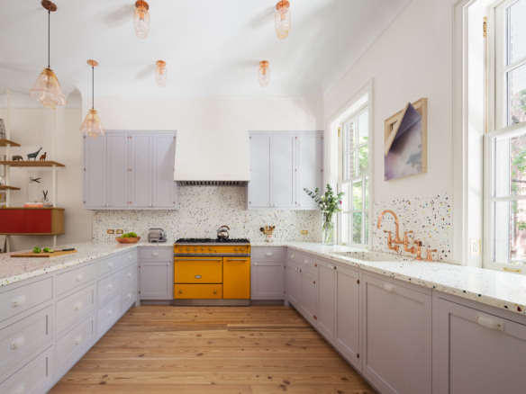 remodeled townhouse new york purple yellow kitchen 1  